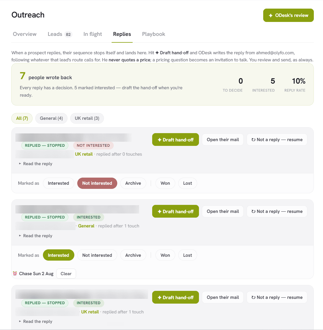 The replies view: seven people wrote back, each sequence stopped itself, and each reply carries a decision of interested, not interested, archive, won or lost.
